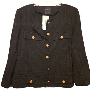 Sz 18/20 BLOOMCHIC Black Tweed Gold Button Collarless 4 Pocket Unlined Blazer